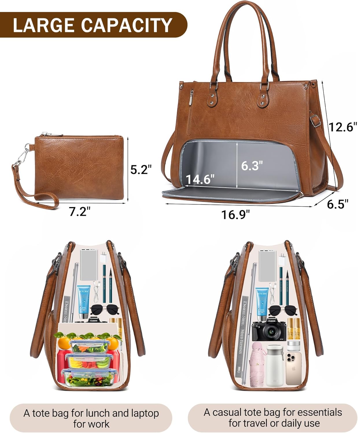 Laptop Backpack 15.6 - 女性向け仕事用2in1ラップトップトートバッグ、断熱ランチコンパートメント付き、PUレザーランチバッグ、15.6インチコンピューターコンパートメント付き