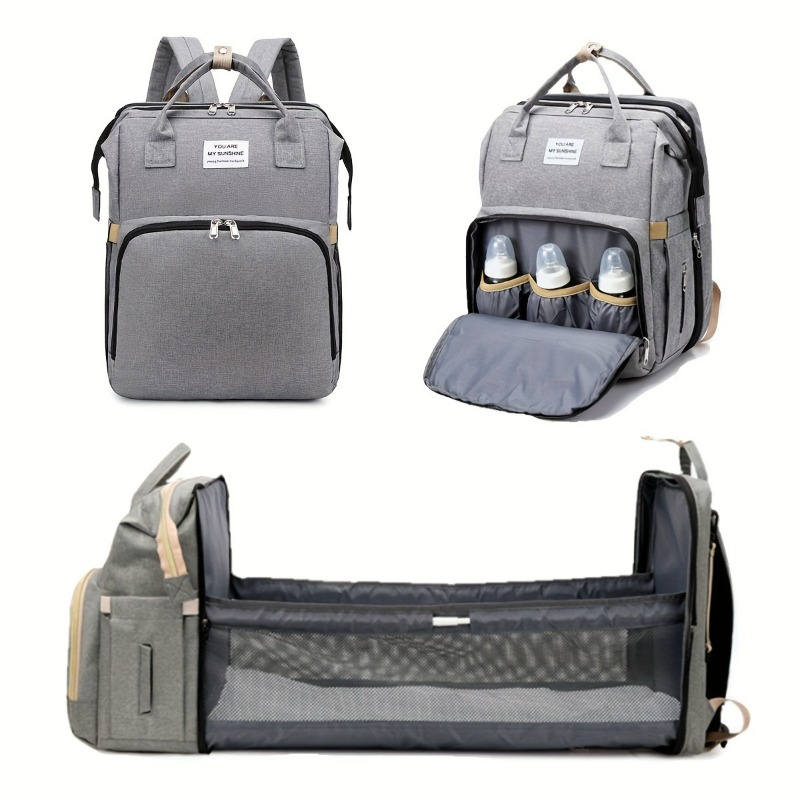 Backpack Diaper Bag - おしゃれな折りたたみ式ベビーベッド付きマザーズバッグ 大容量 手持ち式 哺乳瓶 おむつ バックパック