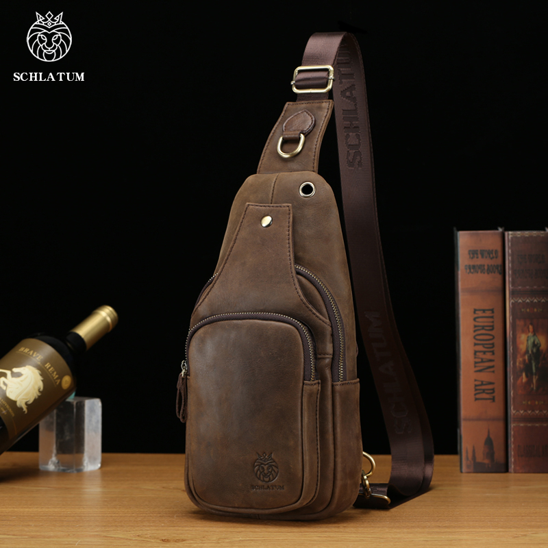 Leather Backpack Vintage - SCHLATUM 100% 本革チェストバッグカジュアルトライアングルクロスボディデザイントラベルショルダーバックパックメンズレザー多機能バッグ