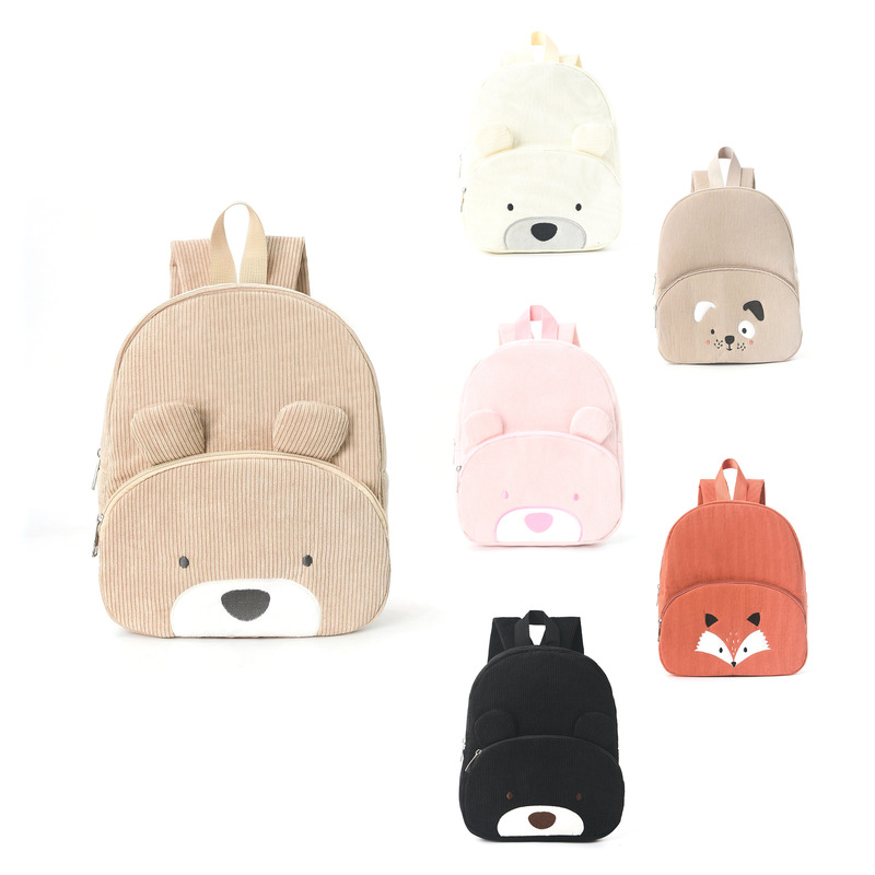 Canvas Backpack Casual - 小学生向けキュートなクマ柄コーデュロイリュックサック、おしゃれなカジュアルリュック、漫画風ぬいぐるみバッグ
