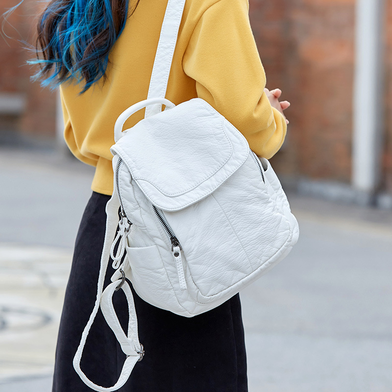 Fashion Backpack Women - 女性のための白いウォッシュレザーバックパック、ティーンエイジャーの女の子のための小さなランドセル、すべてが一致するカジュアルなトラベルバッグ