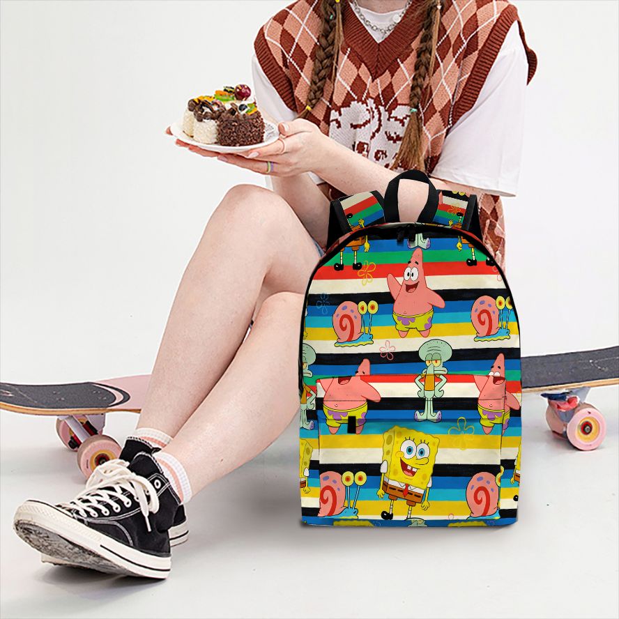 School Backpack Teen - スポンジ・ボブ スクエアパンツ ストライプ柄バックパック、軽量スクールバッグ（ラップトップ収納付き）、ティーン向けカジュアルデイパック
