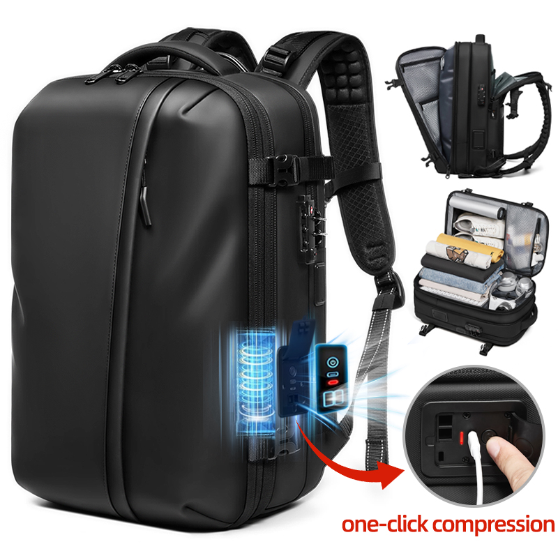 Travel Backpack Anti Theft - メンズトラベルバックパック ワンクリックスタートポンプ真空圧縮 17インチノートパソコンバックパック ハイキング ビジネス 60L拡張スクールバックパック