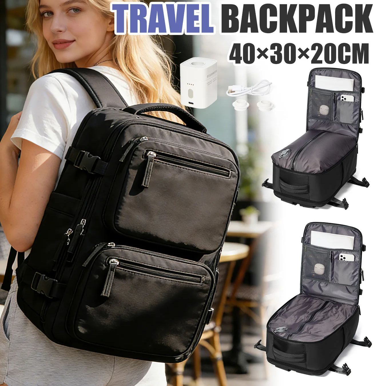 Fashion Backpack Women - 女性用バックパック ポンプ付き真空バックパック 機内持ち込み荷物 40x30x20 ライアンエア ウィズエア