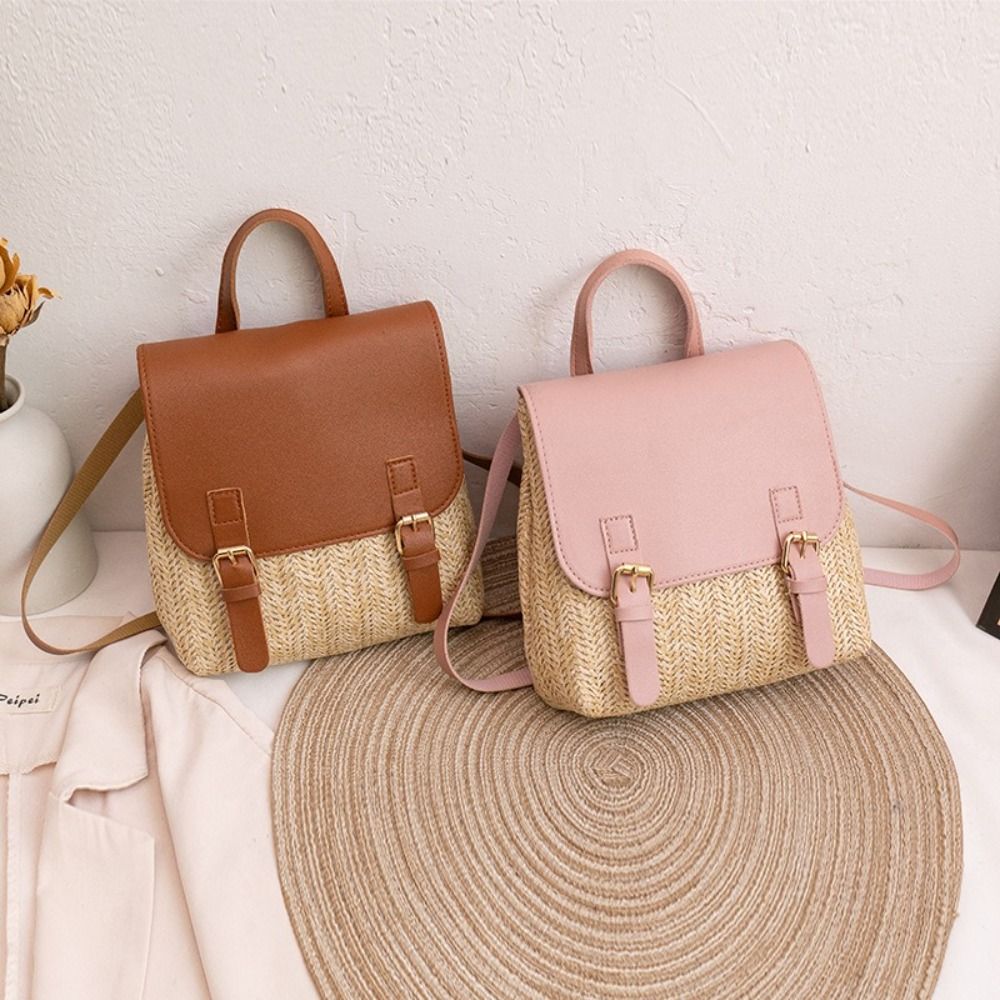 Leather Backpack Vintage - ファッションPUレザーストローバックパックレトロデザインヴィンテージスタイル織りバックパック高級エレガントルックサッチェルバッグオールマッチスタイル