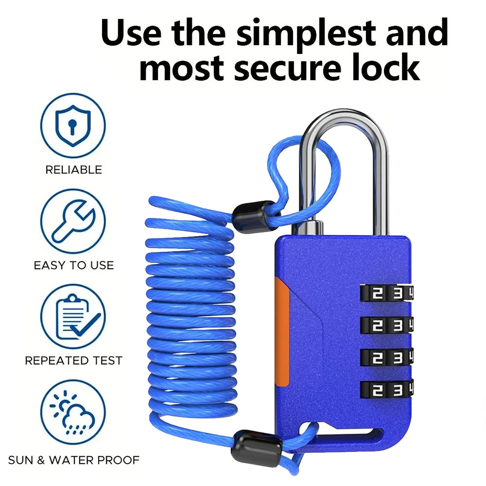 Travel Backpack Anti Theft - 4桁のコンビネーション南京錠、格納式ケーブル付き、盗難防止税関パスワードロック、スーツケース、荷物、キャビネット、バックパックロック用
